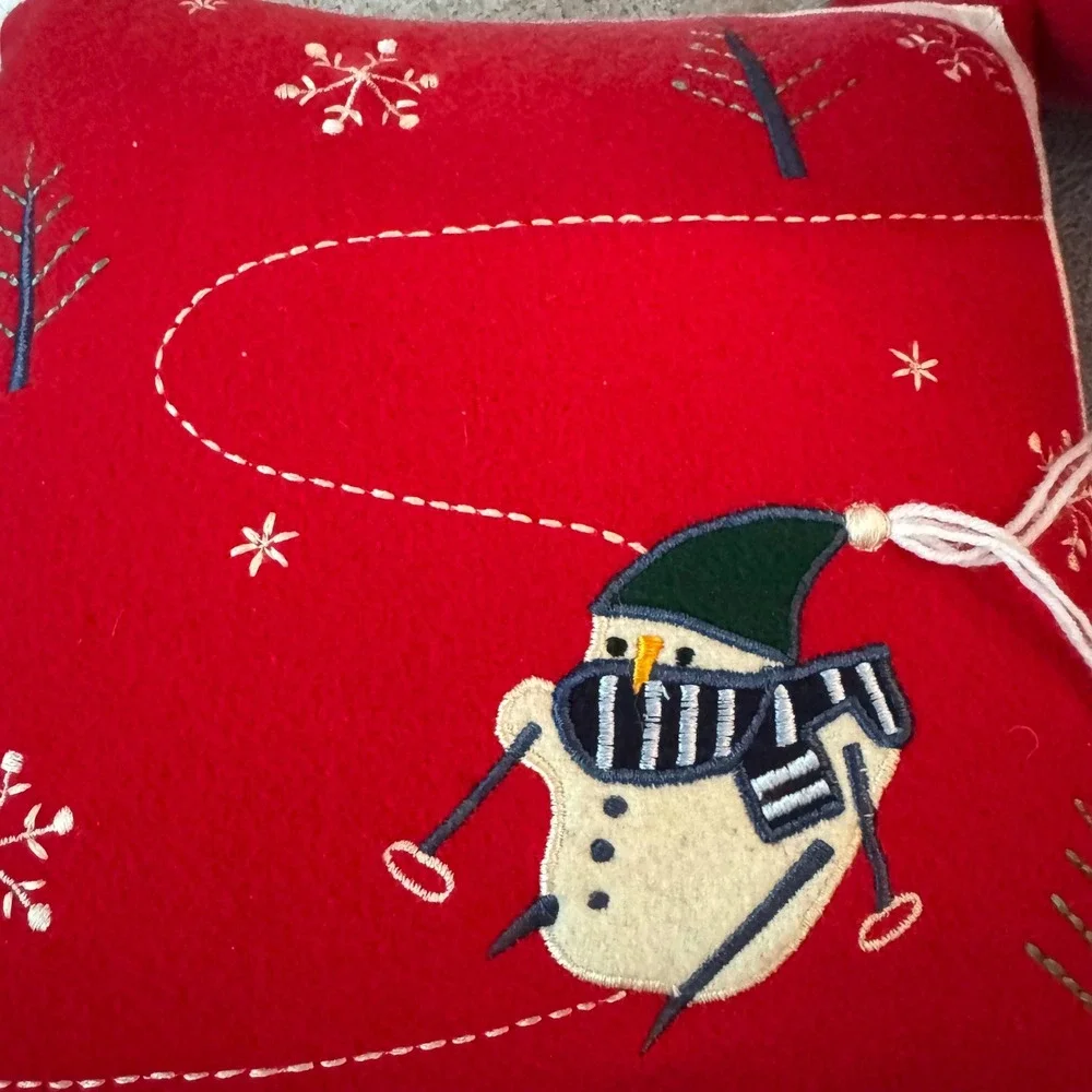 Crate & Barrel Snowday Red Wool Embroidered Snowman Throw Pillows Set of 3 12x12